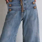 Casual Ribbon-detail Button-fly Blue Straight-leg Jeans