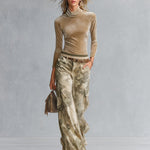 Retro Casual Khaki Top And Camouflage Cargo Pants Velour Set
