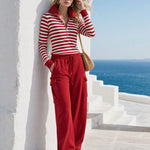 Fashionable Sporty Striped Sweatshirt And Red Cargo Pants Set With Half-zip
