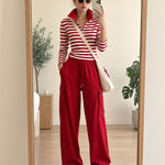 Fashionable Sporty Striped Sweatshirt And Red Cargo Pants Set With Half-zip