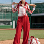 Fashionable Sporty Striped Sweatshirt And Red Cargo Pants Set With Half-zip