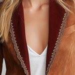 Retro-chic Faux Suede Blazer With Contrasting Lace Trim
