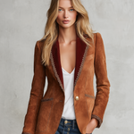 Retro-chic Faux Suede Blazer With Contrasting Lace Trim