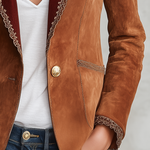 Retro-chic Faux Suede Blazer With Contrasting Lace Trim