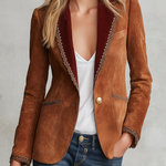 Retro-chic Faux Suede Blazer With Contrasting Lace Trim
