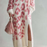 Boho Chic Women's Pink Leopard Knit V Neck Maxi Sweater Dress