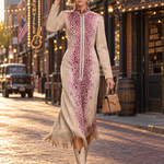 Western Boho Women's Tan Suede Leopard Print Zip Front Fringe Midi Dress
