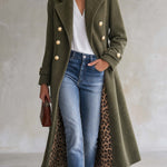 Vintage Military Women's Olive Green Wool Long Coat Leopard Lining Gold Buttons