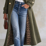 Vintage Military Women's Olive Green Wool Long Coat Leopard Lining Gold Buttons