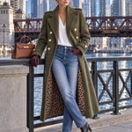 Vintage Military Women's Olive Green Wool Long Coat Leopard Lining Gold Buttons
