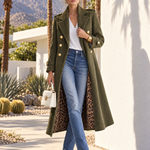 Vintage Military Women's Olive Green Wool Long Coat Leopard Lining Gold Buttons