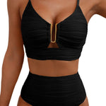 Solid Color V-neck Hollowed-out Pleated High Waist Stretch Two-Piece Bikini Swimsuit