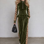 Retro Color-blocked Leopard Print Trim Green Velvet Ruffle Top And Pants Set