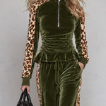 Retro Color-blocked Leopard Print Trim Green Velvet Ruffle Top And Pants Set