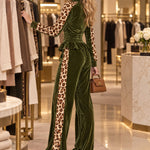 Retro Color-blocked Leopard Print Trim Green Velvet Ruffle Top And Pants Set