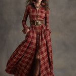 Women's Red Plaid Long Sleeve Button-Up Shirt Maxi Dress