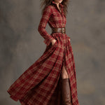 Women's Red Plaid Long Sleeve Button-Up Shirt Maxi Dress