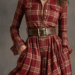 Women's Red Plaid Long Sleeve Button-Up Shirt Maxi Dress