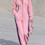 Retro Casual Color-blocked Trim Pink Fleece Stand-up Collar Zip-up Jumpsuit