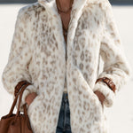 Fashionable Retro Leopard Print Off-white Faux Fur Short Coat With Zippered Sleeves