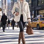 Fashionable Retro Leopard Print Off-white Faux Fur Short Coat With Zippered Sleeves