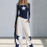 Retro Western Navy Star Contrast Striped Long Sleeve Fitted Tee