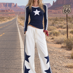 Retro Western-style Striped Wide-leg Sweatpants With White Star Patches