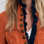 Retro Western Burnt Orange Faux Suede Navy Ruffle Trim Peplum Jacket
