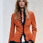 Retro Western Burnt Orange Faux Suede Navy Ruffle Trim Peplum Jacket