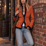 Retro Western Burnt Orange Faux Suede Navy Ruffle Trim Peplum Jacket