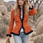 Retro Western Burnt Orange Faux Suede Navy Ruffle Trim Peplum Jacket