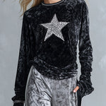 Chic And Casual Black Sequin Star Top And Grey Wide-leg Trousers Velvet Set