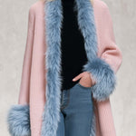 Elegant Pink Chunky Knit Blue Faux Fur Trim Shawl-Collar Cardigan