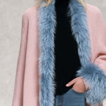 Elegant Pink Chunky Knit Blue Faux Fur Trim Shawl-Collar Cardigan
