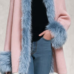Elegant Pink Chunky Knit Blue Faux Fur Trim Shawl-Collar Cardigan