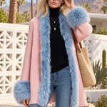 Elegant Pink Chunky Knit Blue Faux Fur Trim Shawl-Collar Cardigan