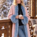 Elegant Pink Chunky Knit Blue Faux Fur Trim Shawl-Collar Cardigan