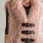 Retro Boho Women Pink Shaggy Mongolian Faux Fur Buckle-Front Sleeveless Vest
