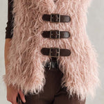 Retro Boho Women Pink Shaggy Mongolian Faux Fur Buckle-Front Sleeveless Vest