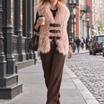 Retro Boho Women Pink Shaggy Mongolian Faux Fur Buckle-Front Sleeveless Vest