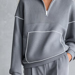 Casual Sportswear Light Grey Trimmed Top & Wide-Leg Pants Cotton Matching Set
