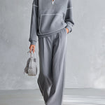 Casual Sportswear Light Grey Trimmed Top & Wide-Leg Pants Cotton Matching Set