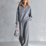 Casual Sportswear Light Grey Trimmed Top & Wide-Leg Pants Cotton Matching Set