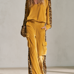 Retro Chic Yellow Leopard Print Velvet Top & Wide-Leg Pants Set