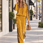 Retro Chic Yellow Leopard Print Velvet Top & Wide-Leg Pants Set