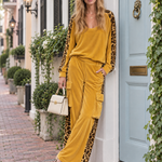 Retro Chic Yellow Leopard Print Velvet Top & Wide-Leg Pants Set