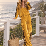 Retro Chic Yellow Leopard Print Velvet Top & Wide-Leg Pants Set
