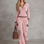 Retro Sporty Pink Velvet Leopard-Trim Hooded Half-Zip Top And Cargo Wide-Leg Pants Set