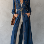 Belted Indigo Contrast Stitching Denim Duster Coat
