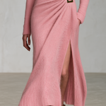 Retro Elegant Dusty Pink Mohair Wrap Gold Buckle Side Slit Midi Dress
